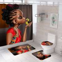 Cartoon African American Girl Digital Printing Bathroom Set,Shower Curtain with Bath Mats